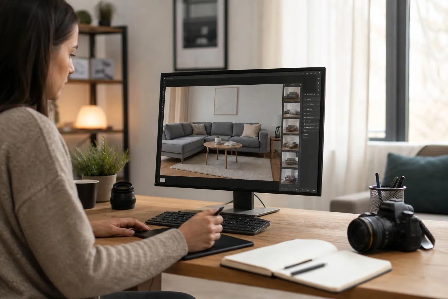 Furniture in a digitally generated lifestyle room scene created without a physical studio