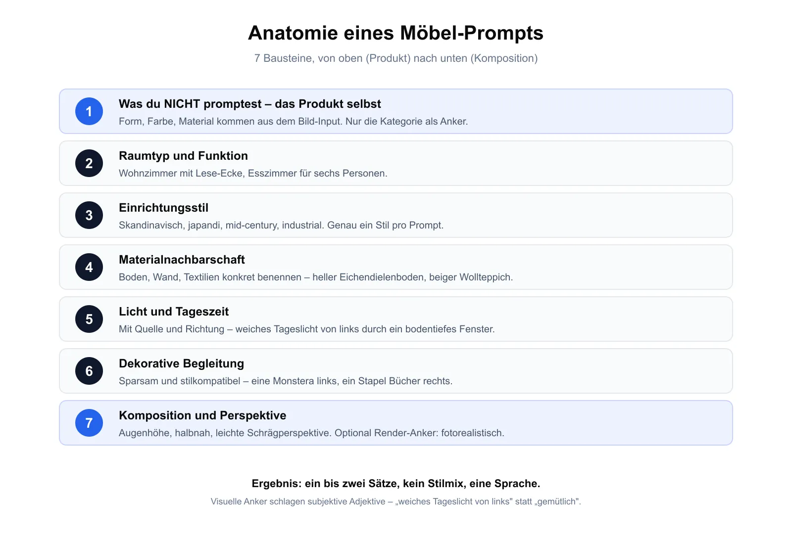 Diagramm: Anatomie eines Möbel-Prompts mit den 7 Bausteinen, dargestellt als Schichten von Produkt-Anker bis Komposition