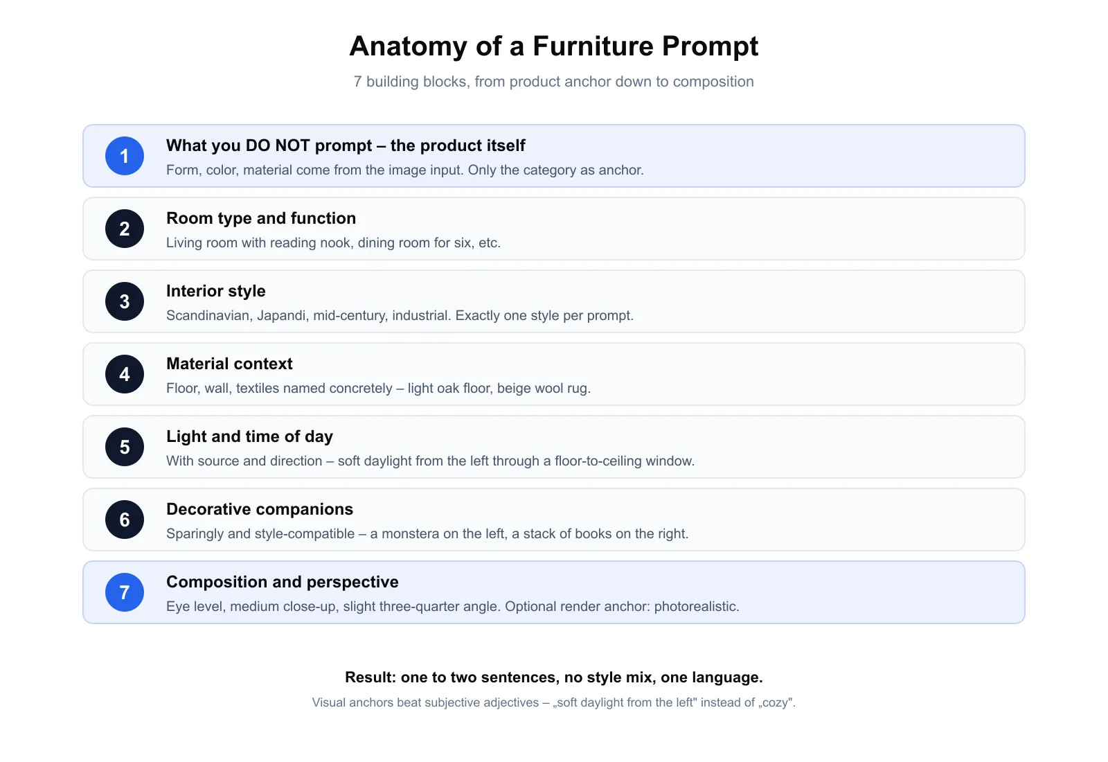 Diagram: anatomy of a furniture prompt with the 7 building blocks, shown as layers from product anchor down to composition