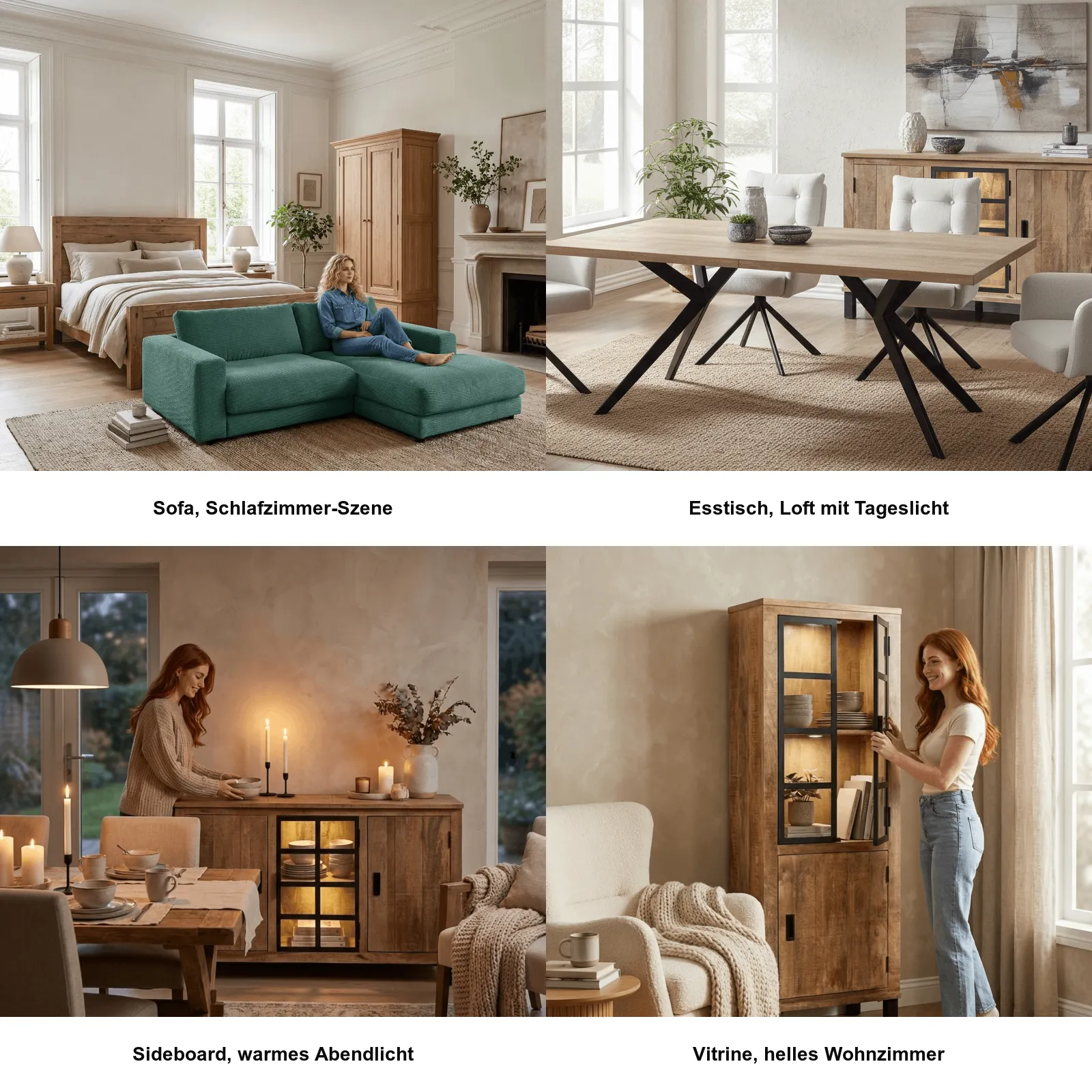 Beispiel-Outputs: vier Lifestyle-Szenen als 2x2-Raster - Sofa im Schlafzimmer, Esstisch im Loft mit Tageslicht, Sideboard mit warmem Abendlicht, Vitrine im hellen Wohnzimmer