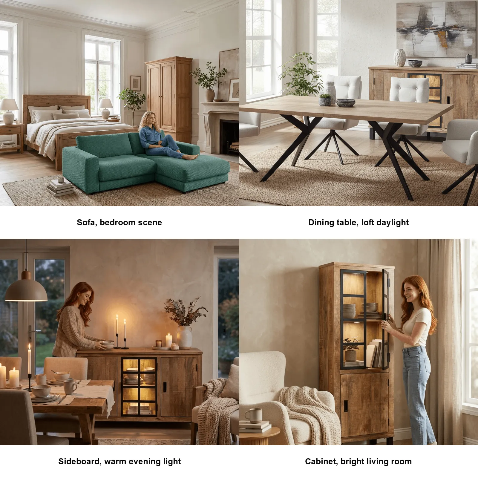 Example outputs: four lifestyle scenes as a 2x2 grid - sofa in a bedroom, dining table in a loft with daylight, sideboard with warm evening light, cabinet in a bright living room