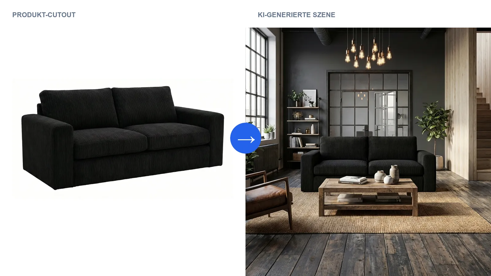 Vorher-Nachher: Freisteller eines grauen Sofas auf weißem Hintergrund (links) wird zu Lifestyle-Bild im skandinavischen Wohnzimmer mit Eichendielen, Wollteppich und Tageslicht (rechts)