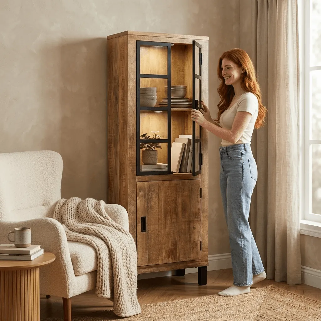 KI-generiertes Lifestyle-Bild: Frau öffnet rustikalen Holz-Hochschrank mit Glasfront im warmen Wohnzimmer
