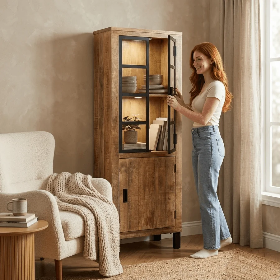KI-generiertes Lifestyle-Bild: Frau öffnet rustikalen Holz-Hochschrank mit Glasfront im warmen Wohnzimmer