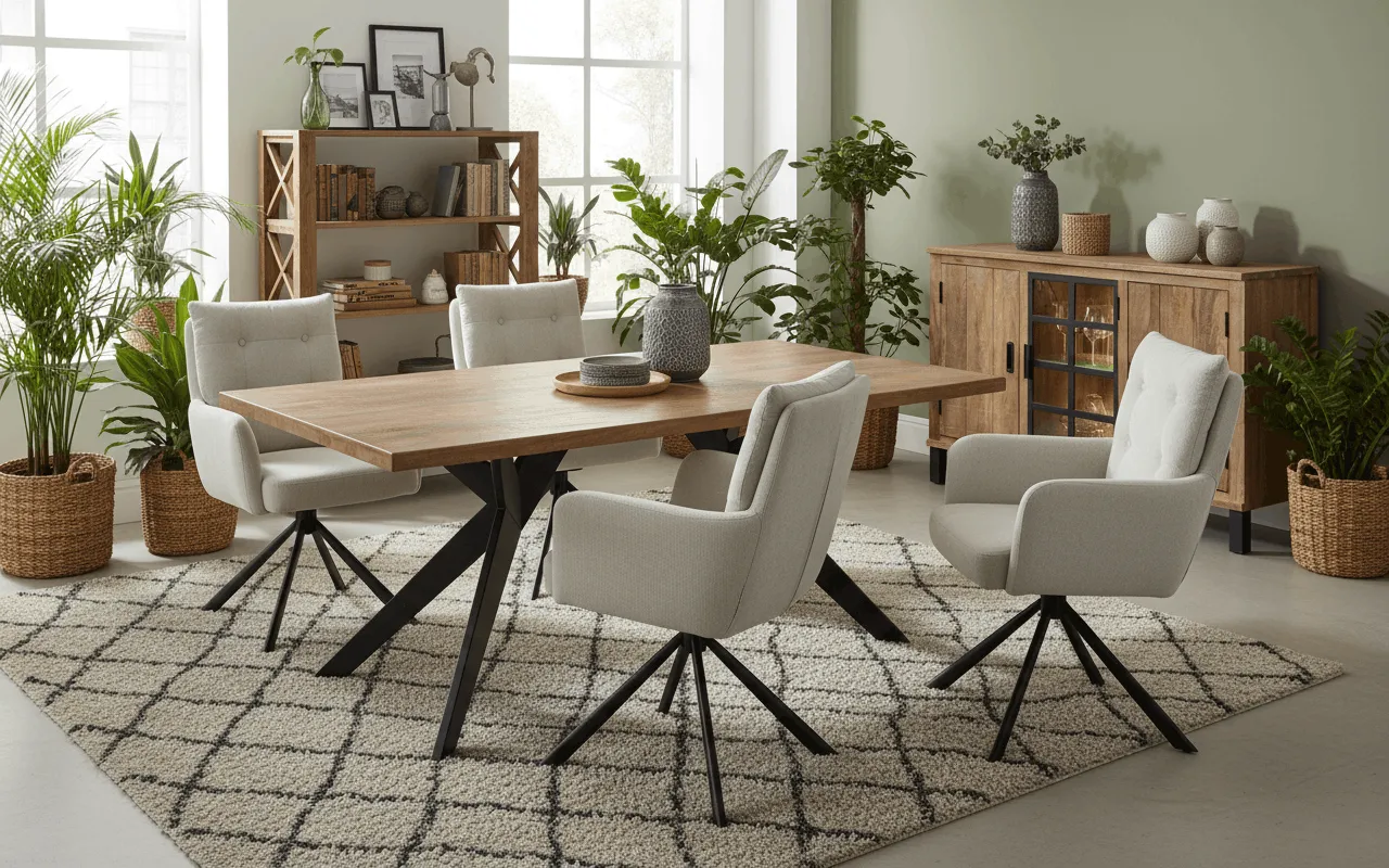 KI-generiertes Multi-Produkt Staging: Esszimmer mit Esstisch aus Massivholz, Polsterstühlen, Sideboard und üppigen Zimmerpflanzen
