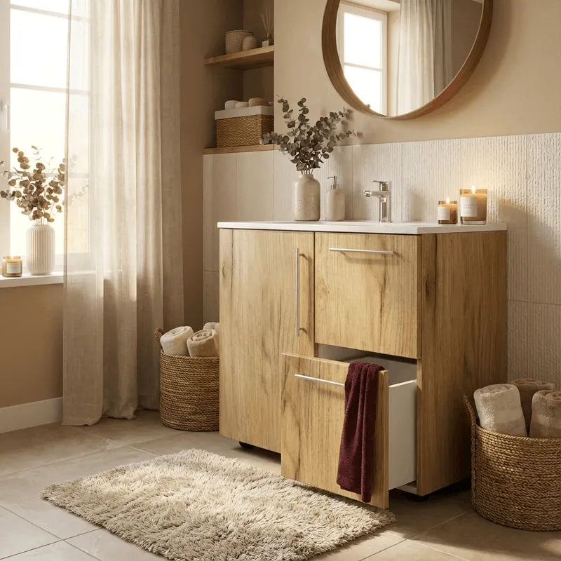 Modern bathroom with wooden vanity and natural decor