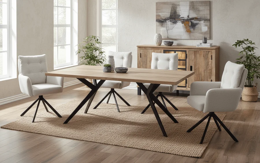 KI-generiertes Esszimmer-Milieu: Esstisch mit X-Gestell aus Metall und Holz, Polsterstühle und Sideboard in hellem Raum