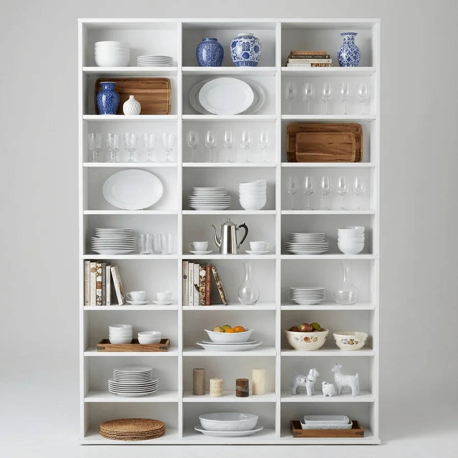 KI-generiertes Produktbild: Weißes Bücherregal mit Geschirr, Gläsern und Deko-Objekten als Freisteller