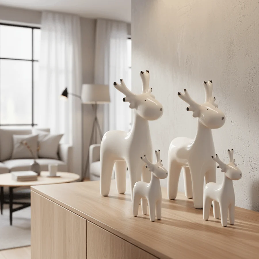 KI-generiertes Lifestyle-Bild: Frau dekoriert rustikales Holz-Sideboard mit Kerzen und Blumenarrangement im Esszimmer