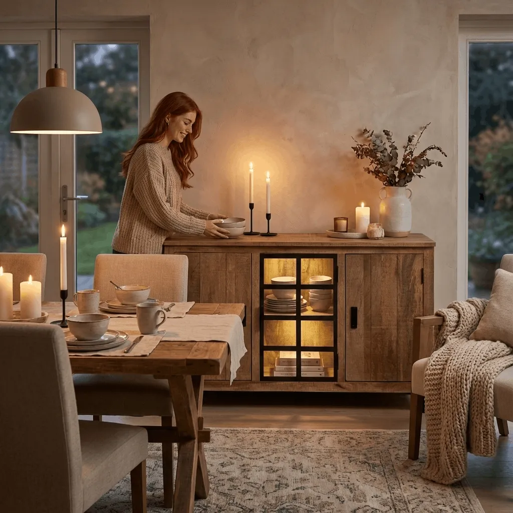 KI-generiertes Lifestyle-Bild: Weiße Keramik-Hirsch-Figuren auf Holzsideboard in modernem, hell eingerichtetem Wohnzimmer