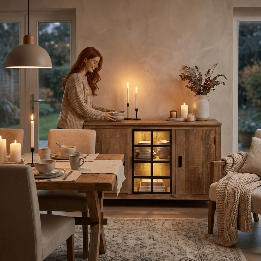 KI-generiertes Lifestyle-Bild: Weiße Keramik-Hirsch-Figuren auf Holzsideboard in modernem, hell eingerichtetem Wohnzimmer