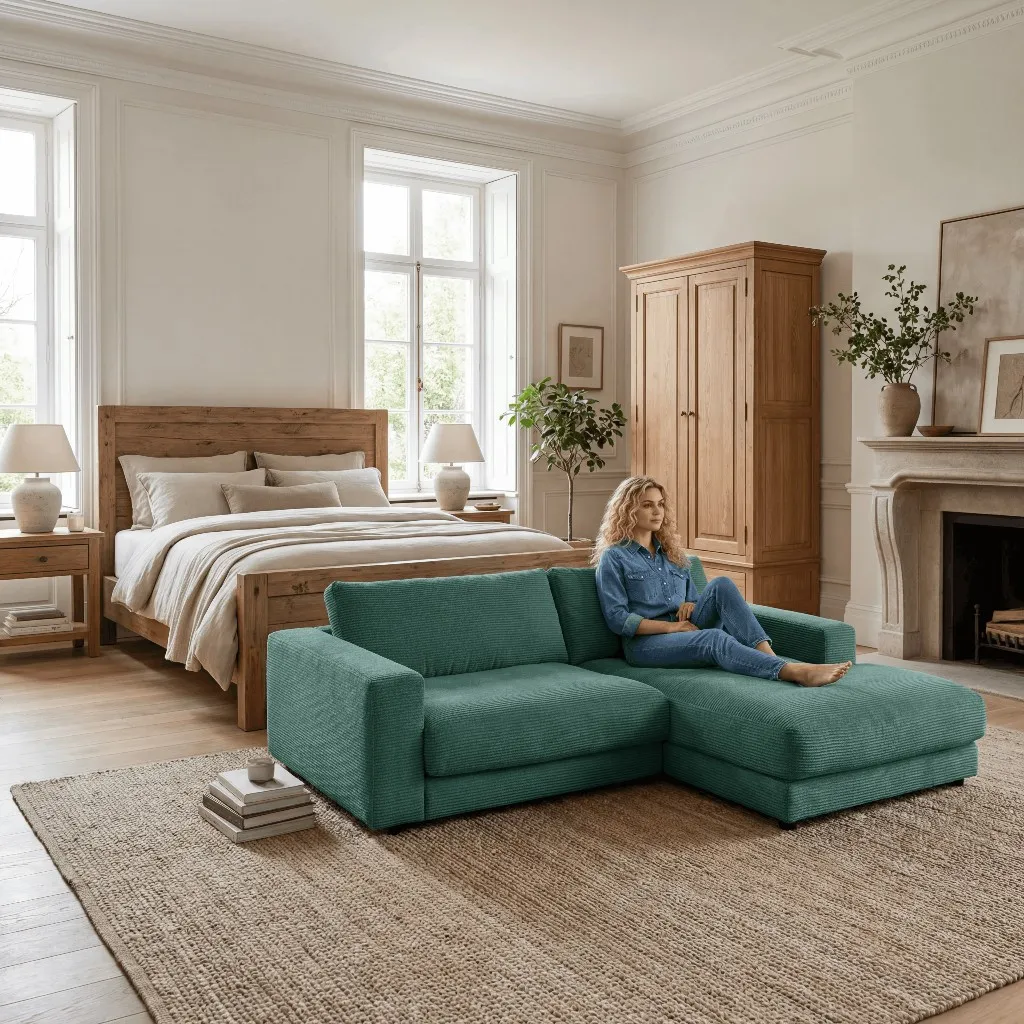 KI-generiertes Lifestyle-Bild: Frau sitzt auf türkisfarbenem Cord-Ecksofa in geräumigem Schlafzimmer mit Holzbett und Kamin