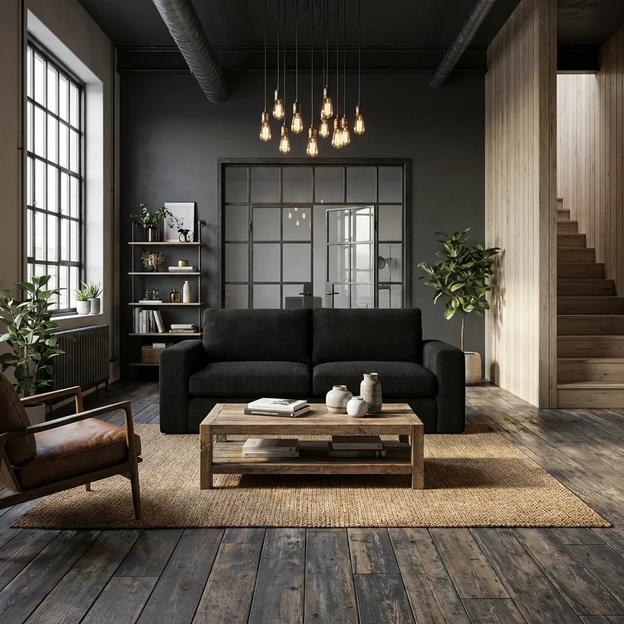 KI-generiertes Lifestyle-Bild: Dunkelgraues Cord-Sofa vor Holzcouchtisch in industriellem Loft mit Vintage-Pendelleuchten