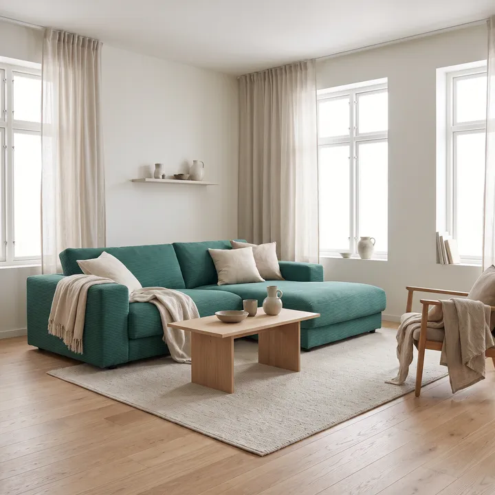 Nano Banana Pro: grünes Sofa aus tieferer Perspektive mit Decke, Kissen und rechteckigem Couchtisch.