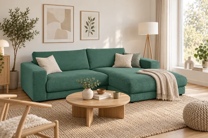 ChatGPT Image: grünes Sofa näher an der Vorlagenansicht, mit zusätzlicher Decke auf der Ottomane.