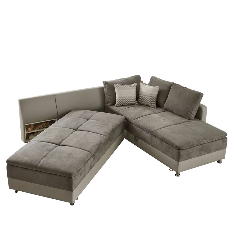 Graues Ecksofa aus erhöhter Ansicht mit zwei gemusterten Kissen und offenem Fach links.