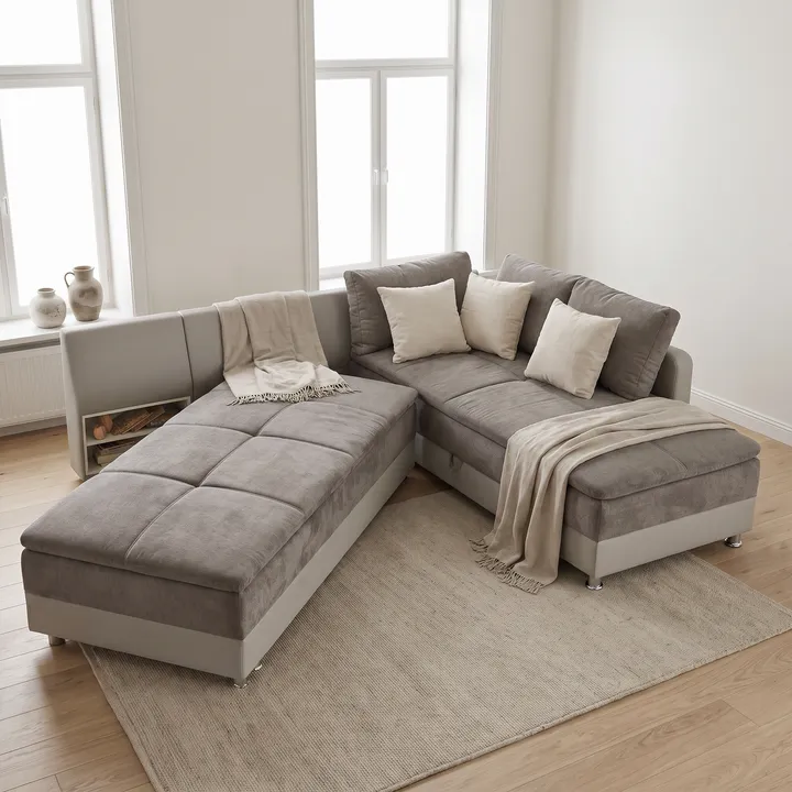 Nano Banana Pro: graues Ecksofa mit hellen ungemusterten Kissen und zusätzlichen Decken.
