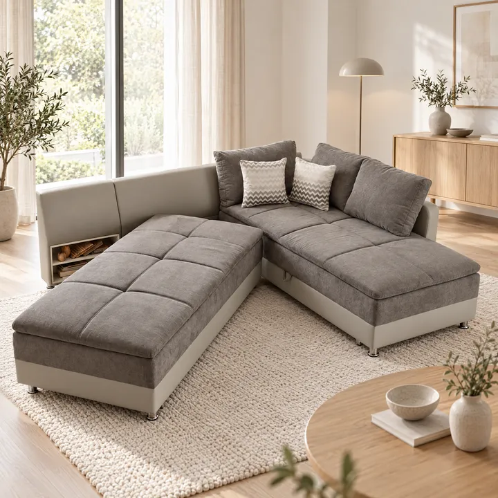 ChatGPT Image: graues Ecksofa mit zwei gemusterten Kissen in einem Raum mit Fenster, Sideboard und Couchtisch.