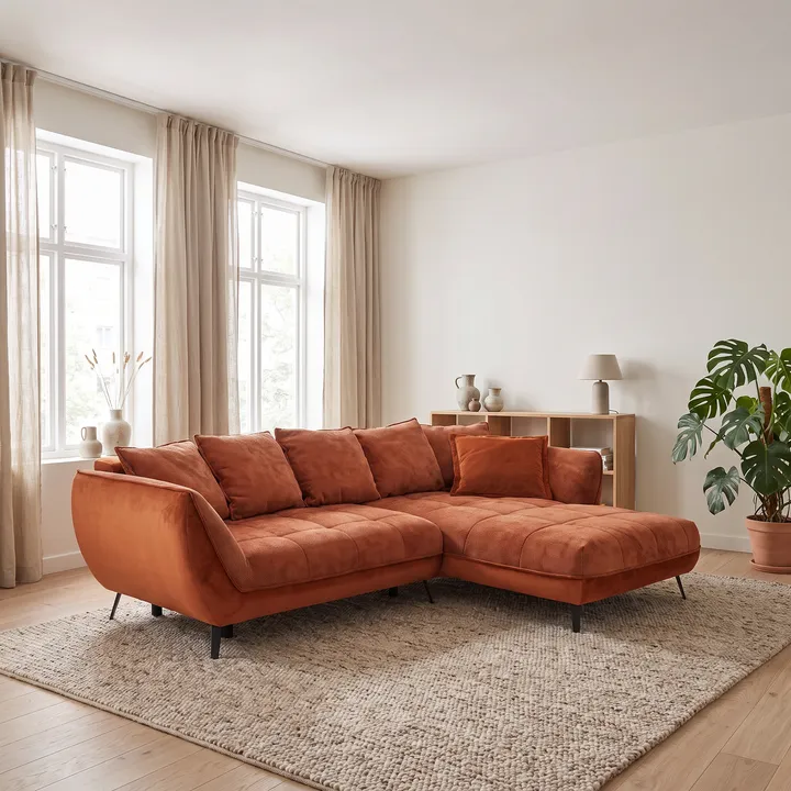 Nano Banana Pro: rotes Sofa aus stärker seitlicher Perspektive in einem quadratischen Wohnzimmerbild.