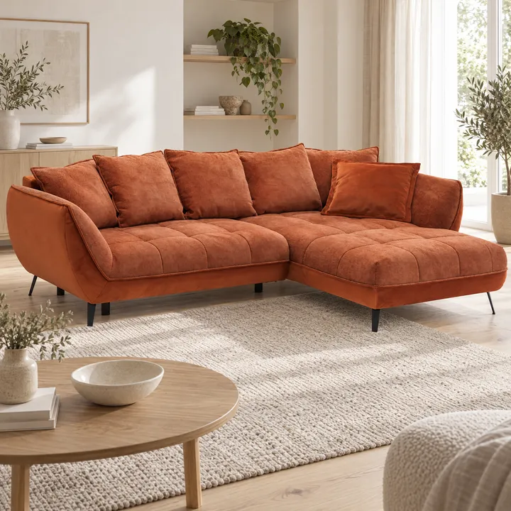 ChatGPT Ergebnis 1: rotes Sofa in einem quadratischen Bild mit Regalnische im Hintergrund.