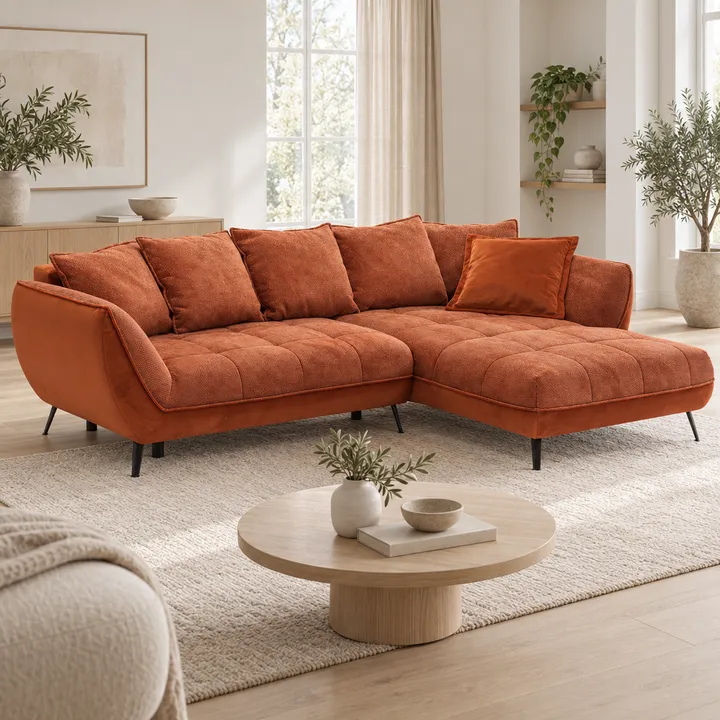ChatGPT Ergebnis 2: rotes Sofa in einem quadratischen Bild mit rundem Couchtisch im Vordergrund.