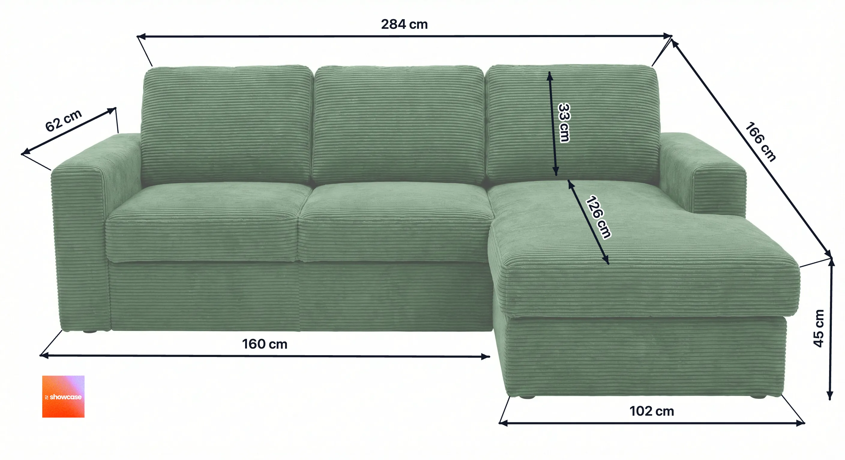 Green corduroy corner sofa with annotated dimensions (width 284 cm, depth 166 cm, seat height 45 cm) - product image with measurements, created with the dimension tool (after)